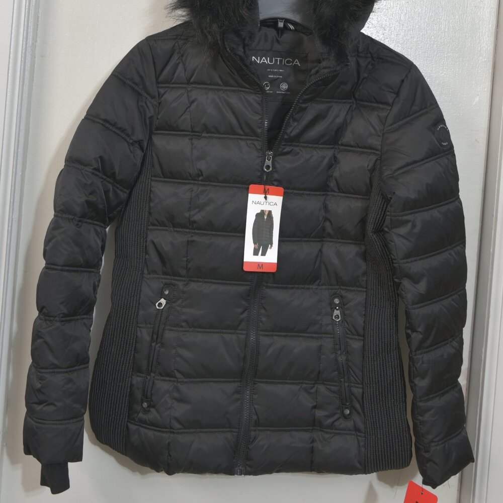 NAUTICA WOMEN'S LIGHT WEIGHT FAUX FUR HOOD PUFFER JACKET - Picture 5 of 6